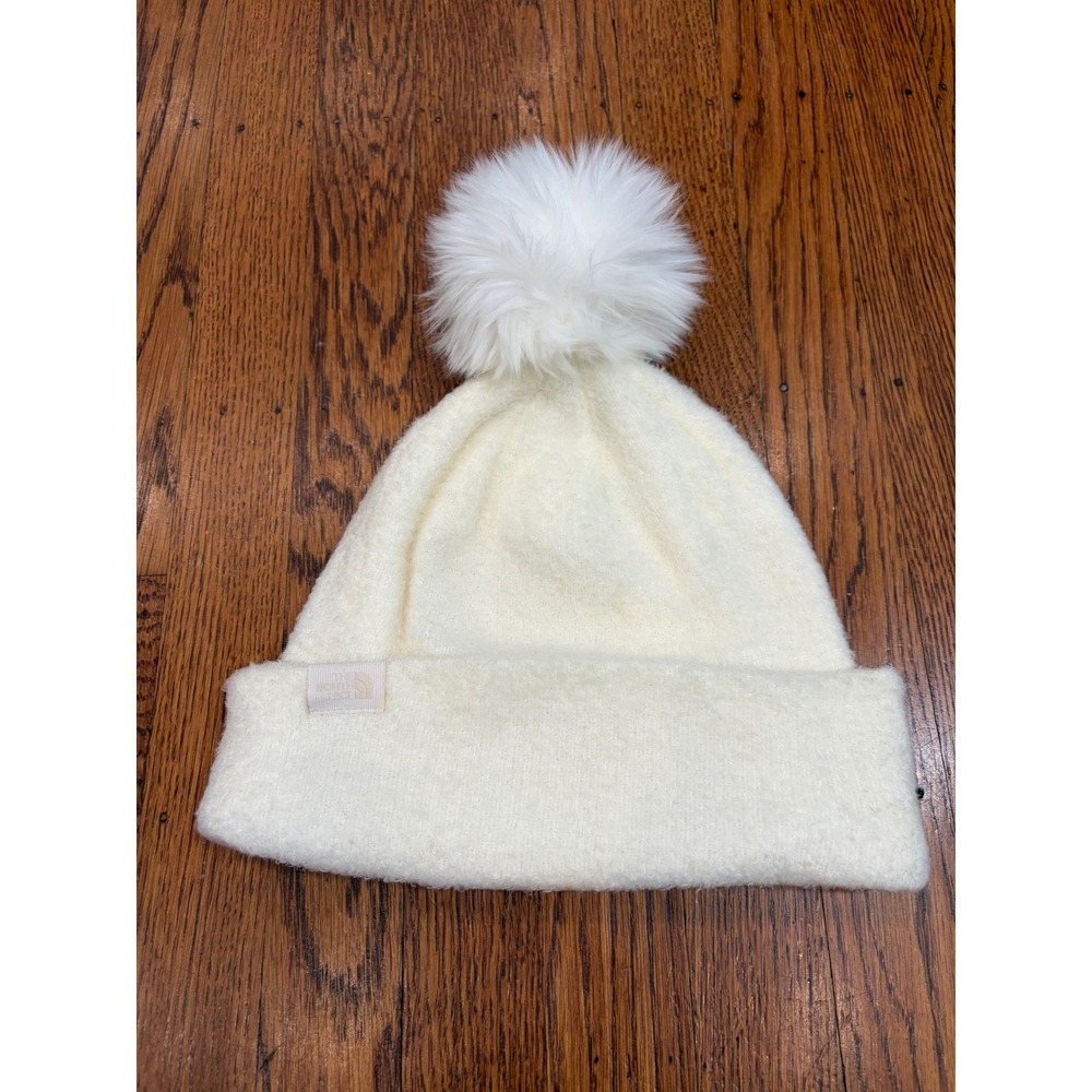 The North Face Women's Pom Faux Fur Beanie Snow Hat Cream White OS